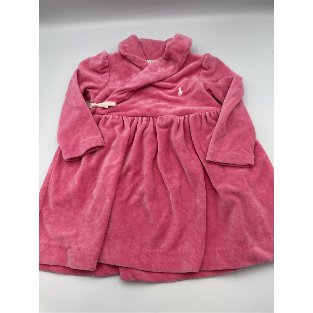 Ralph Lauren Baby Girl Pink Velour Wrap Dress Logo Size 12 Months